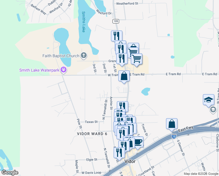 map of restaurants, bars, coffee shops, grocery stores, and more near 1265 Archie St in Vidor