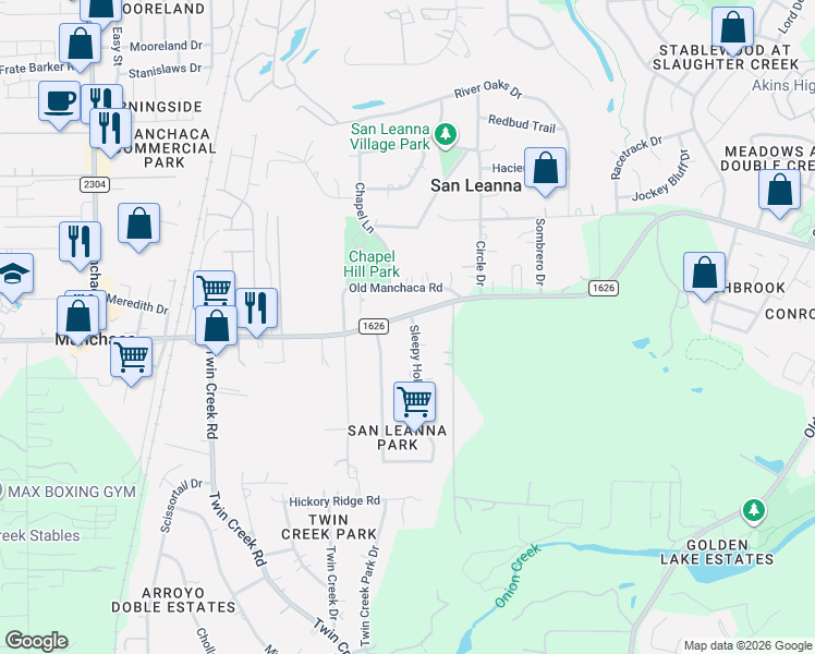 map of restaurants, bars, coffee shops, grocery stores, and more near 633 Farm to Market 1626 in Manchaca