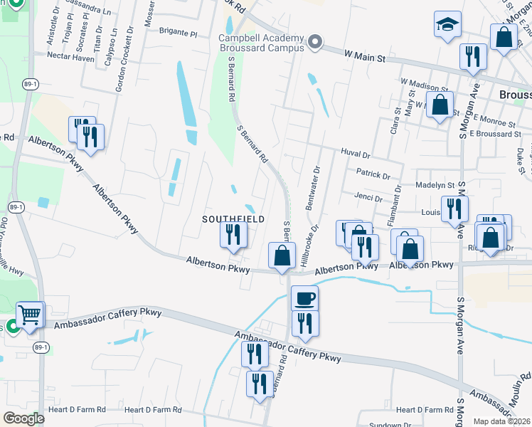 map of restaurants, bars, coffee shops, grocery stores, and more near 210 Overbrook Drive in Broussard