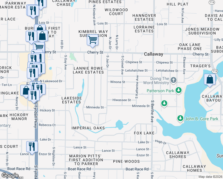 map of restaurants, bars, coffee shops, grocery stores, and more near 222 South Jan Drive in Panama City