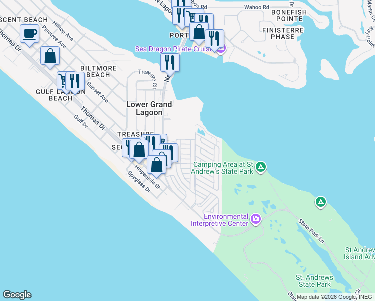 map of restaurants, bars, coffee shops, grocery stores, and more near 714 Sailfish Drive in Panama City Beach
