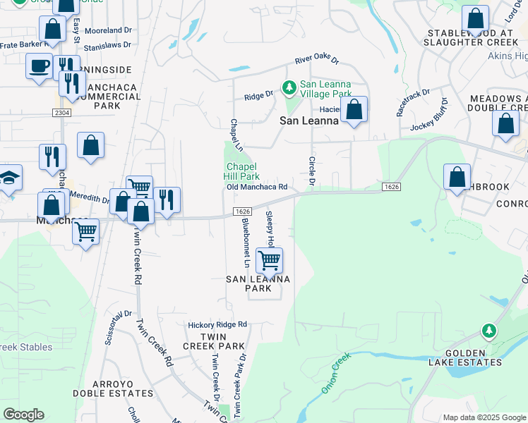 map of restaurants, bars, coffee shops, grocery stores, and more near 11802 Sleepy Hollow Road in Manchaca