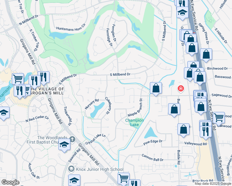 map of restaurants, bars, coffee shops, grocery stores, and more near 7 North Mossrock Road in Spring