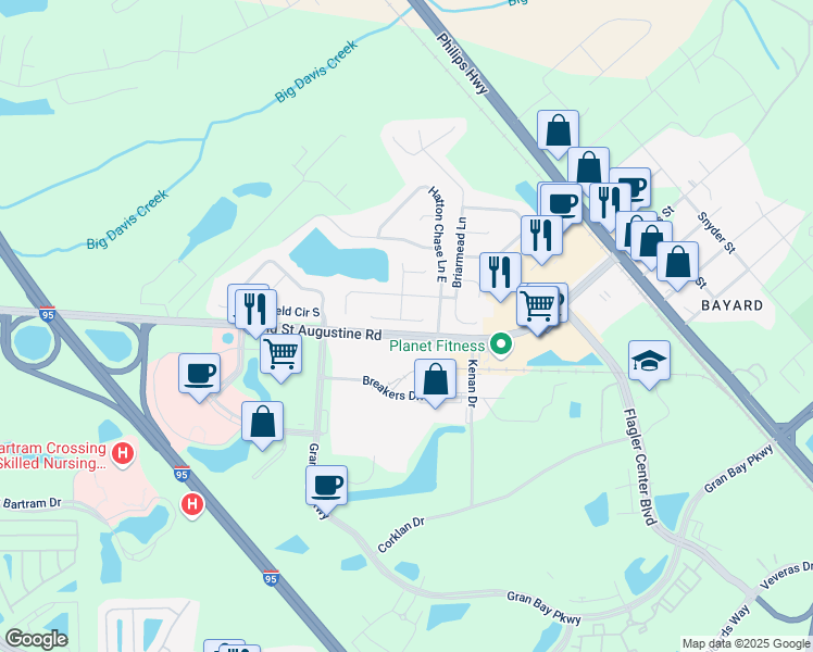 map of restaurants, bars, coffee shops, grocery stores, and more near 14592 Berringer Lane in Jacksonville