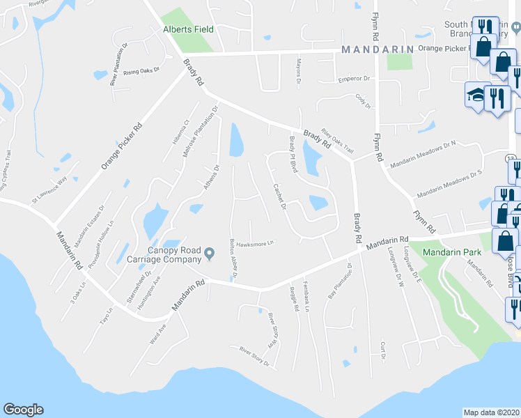 map of restaurants, bars, coffee shops, grocery stores, and more near 1784 Grassington Way in Jacksonville