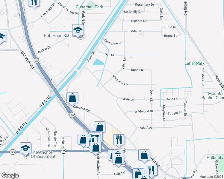 map of restaurants, bars, coffee shops, grocery stores, and more near 5590 Avie Lane in Beaumont