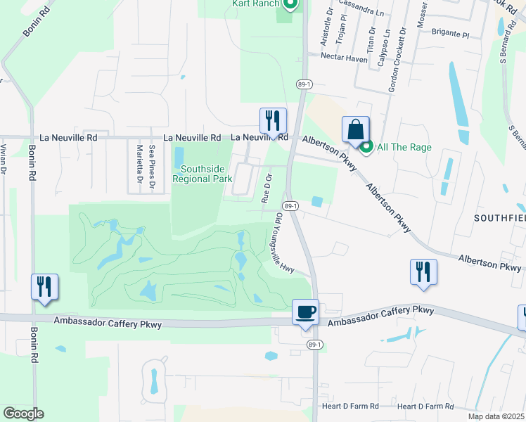 map of restaurants, bars, coffee shops, grocery stores, and more near 301 Rue D Or in Youngsville