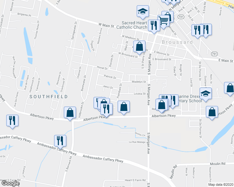 map of restaurants, bars, coffee shops, grocery stores, and more near 100 Marquee Drive in Broussard