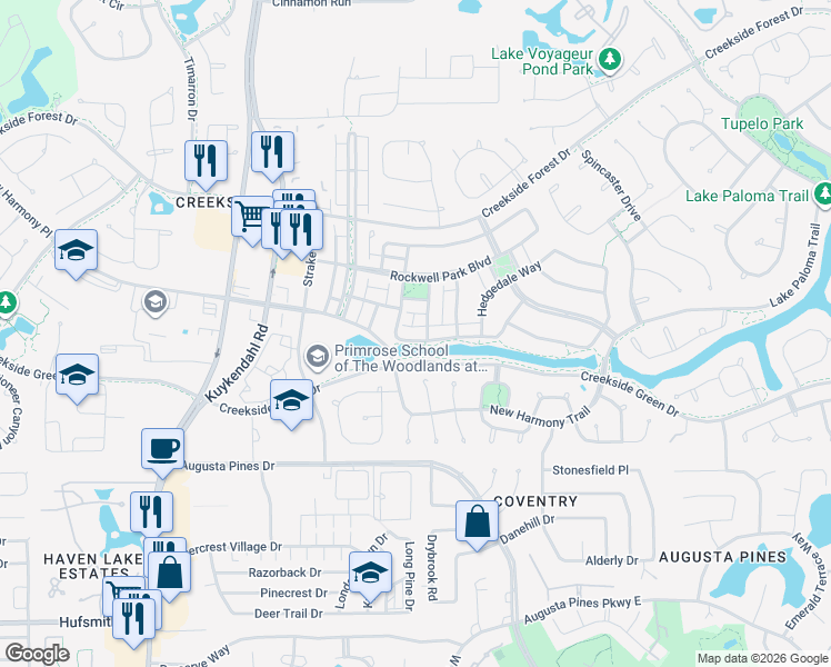 map of restaurants, bars, coffee shops, grocery stores, and more near 78 Footbridge Way in Spring