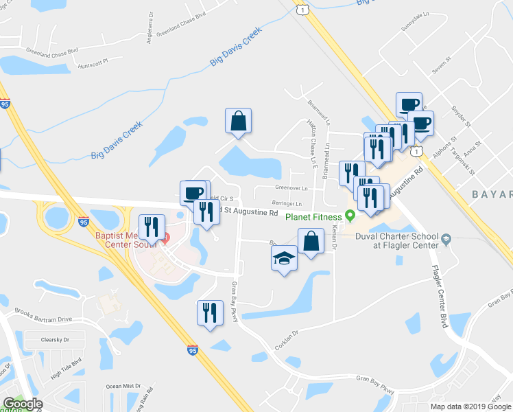 map of restaurants, bars, coffee shops, grocery stores, and more near 14494 Greenover Lane in Jacksonville