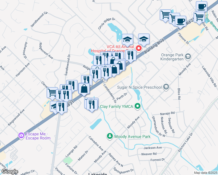 map of restaurants, bars, coffee shops, grocery stores, and more near 1113 Londonderry Drive in Orange Park
