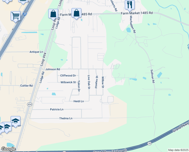 map of restaurants, bars, coffee shops, grocery stores, and more near 21016 Pinetex Street in New Caney