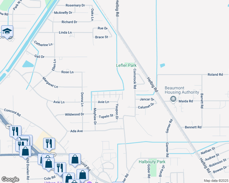 map of restaurants, bars, coffee shops, grocery stores, and more near 6385 Yaupon Drive in Beaumont