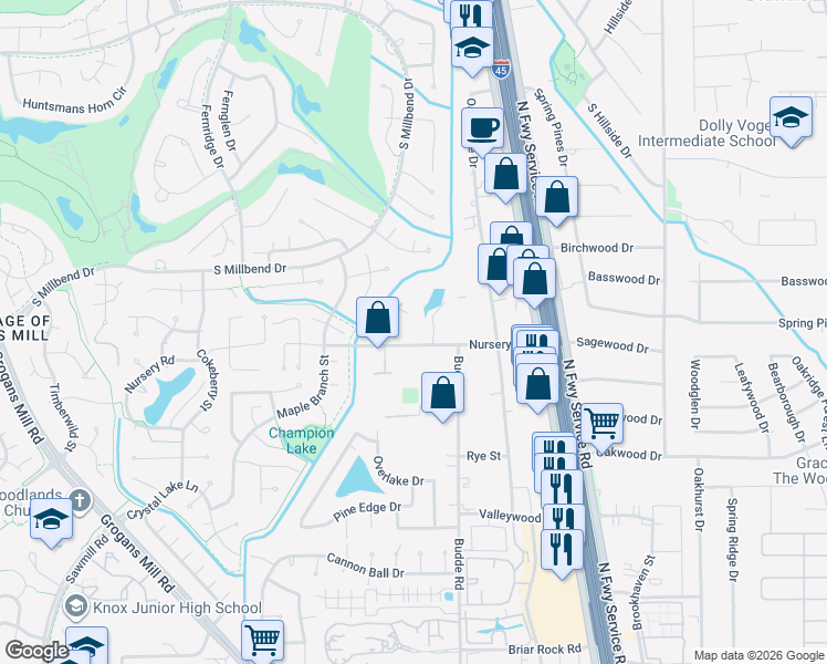 map of restaurants, bars, coffee shops, grocery stores, and more near 430 Nursery Road in Spring