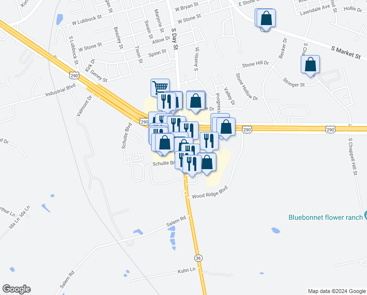 map of restaurants, bars, coffee shops, grocery stores, and more near 2628 Texas 36 in Brenham