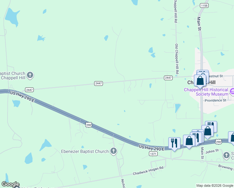 map of restaurants, bars, coffee shops, grocery stores, and more near 8350 Farm to Market 2447 in Chappell Hill