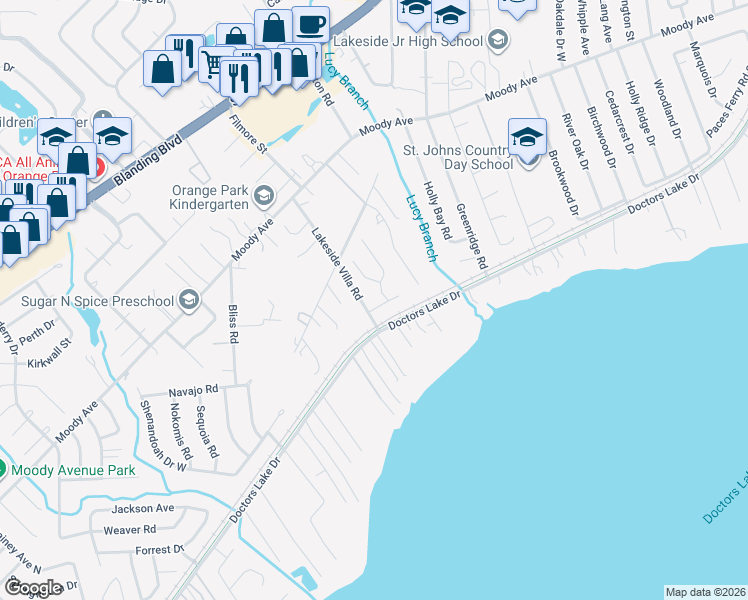 map of restaurants, bars, coffee shops, grocery stores, and more near 2411 Lorrie Drive in Orange Park