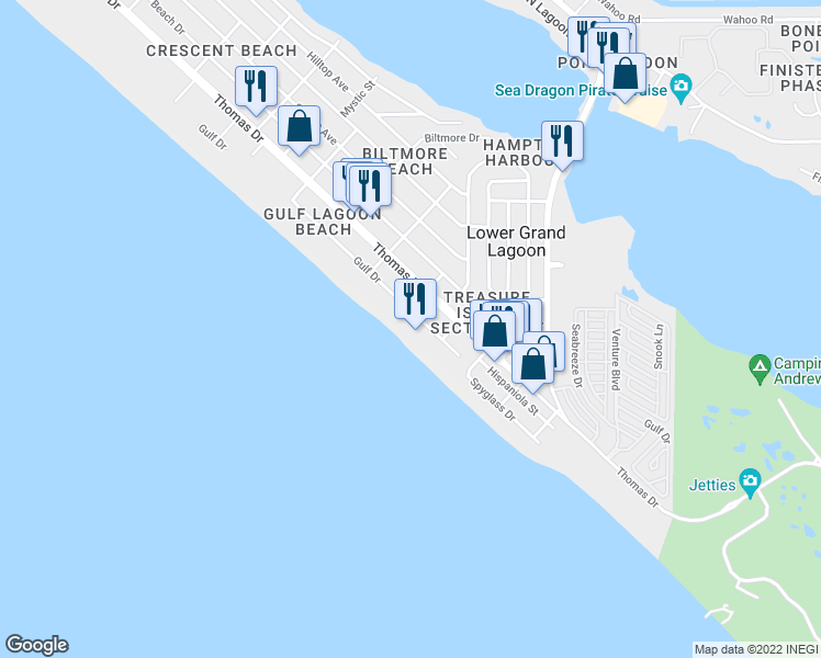 map of restaurants, bars, coffee shops, grocery stores, and more near 5131 Gulf Drive in Panama City
