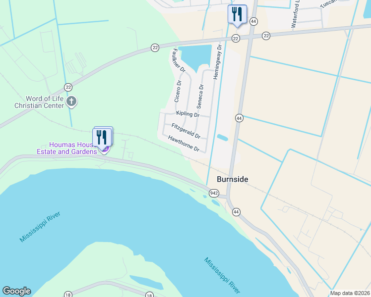 map of restaurants, bars, coffee shops, grocery stores, and more near 40411 Hawthorne Drive in Darrow