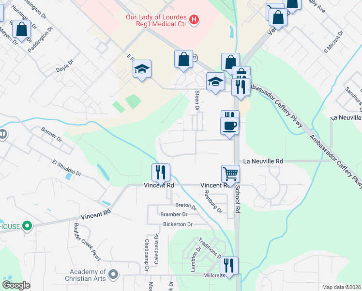 map of restaurants, bars, coffee shops, grocery stores, and more near 203 Summer Morning Court in Lafayette