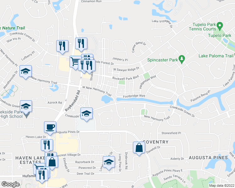 map of restaurants, bars, coffee shops, grocery stores, and more near 78 Footbridge Way in Spring