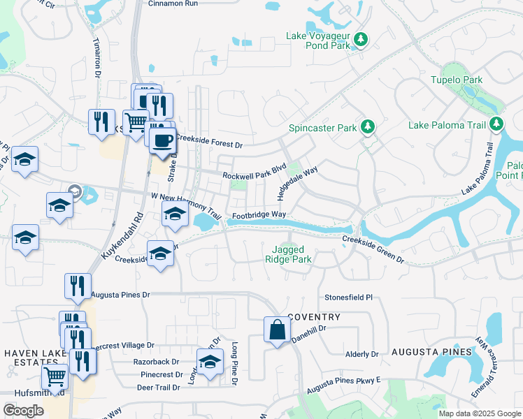 map of restaurants, bars, coffee shops, grocery stores, and more near 54 Footbridge Way in Spring