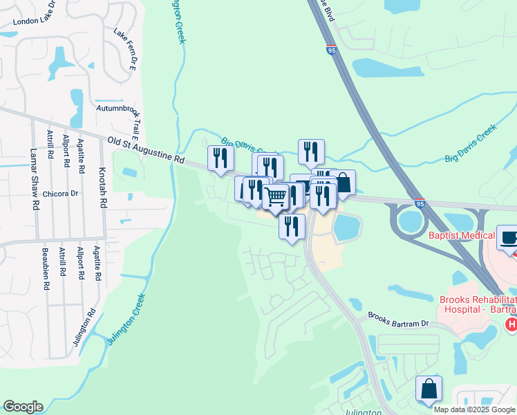 map of restaurants, bars, coffee shops, grocery stores, and more near Old Saint Augustine Road in Jacksonville