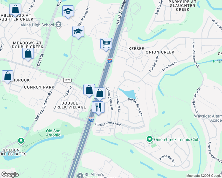 map of restaurants, bars, coffee shops, grocery stores, and more near 10819 Crown Colony Drive in Austin