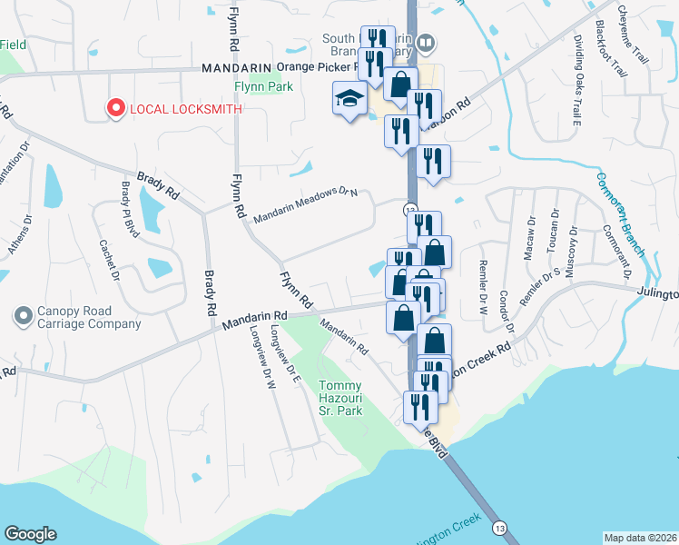 map of restaurants, bars, coffee shops, grocery stores, and more near 12518 Westberry Hideaway Lane in Jacksonville