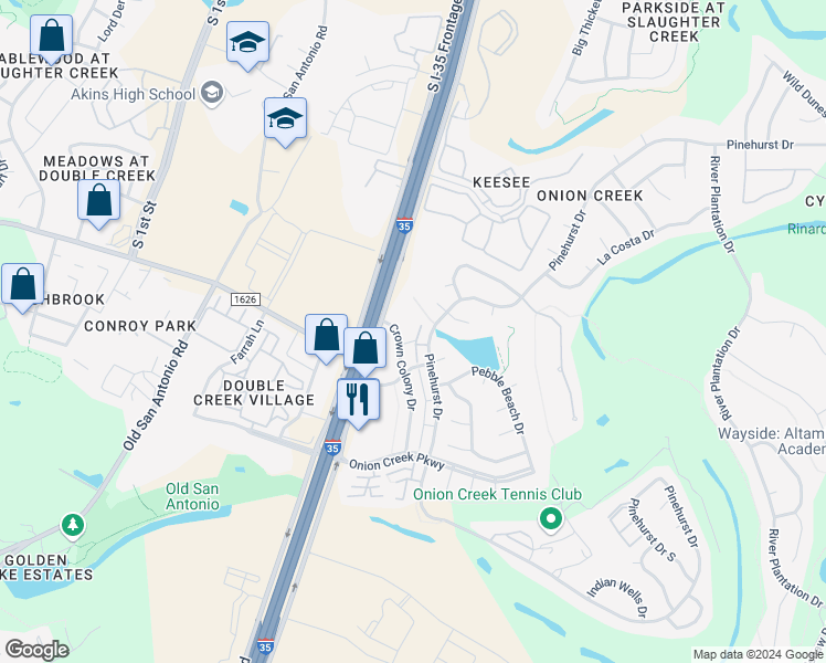 map of restaurants, bars, coffee shops, grocery stores, and more near 10819 Crown Colony Drive in Austin