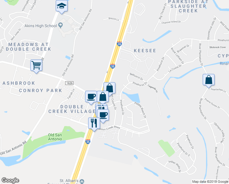 map of restaurants, bars, coffee shops, grocery stores, and more near 10819 Crown Colony Drive in Austin