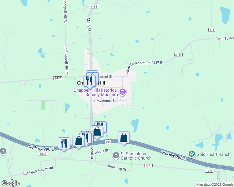 map of restaurants, bars, coffee shops, grocery stores, and more near 9191 Poplar Street in Chappell Hill