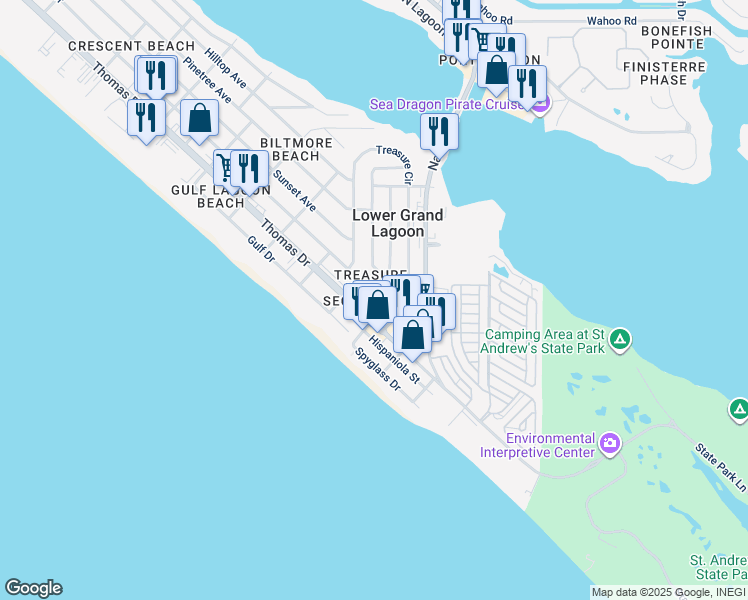 map of restaurants, bars, coffee shops, grocery stores, and more near 5019 Beach Drive in Panama City
