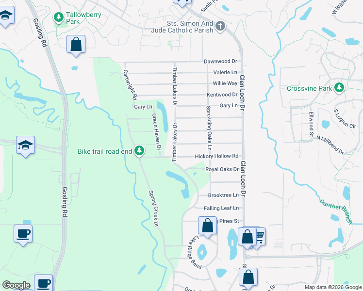 map of restaurants, bars, coffee shops, grocery stores, and more near 3439 Nodding Pines Street in Spring