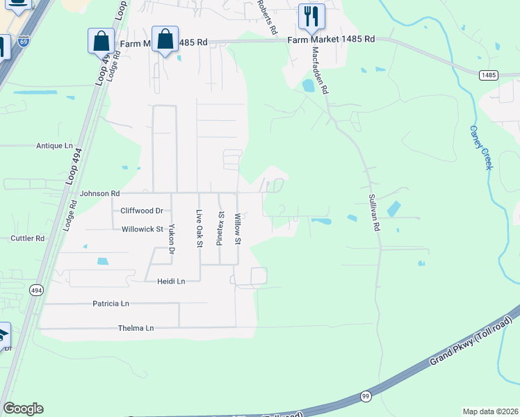 map of restaurants, bars, coffee shops, grocery stores, and more near 23765 Johnson Road in New Caney