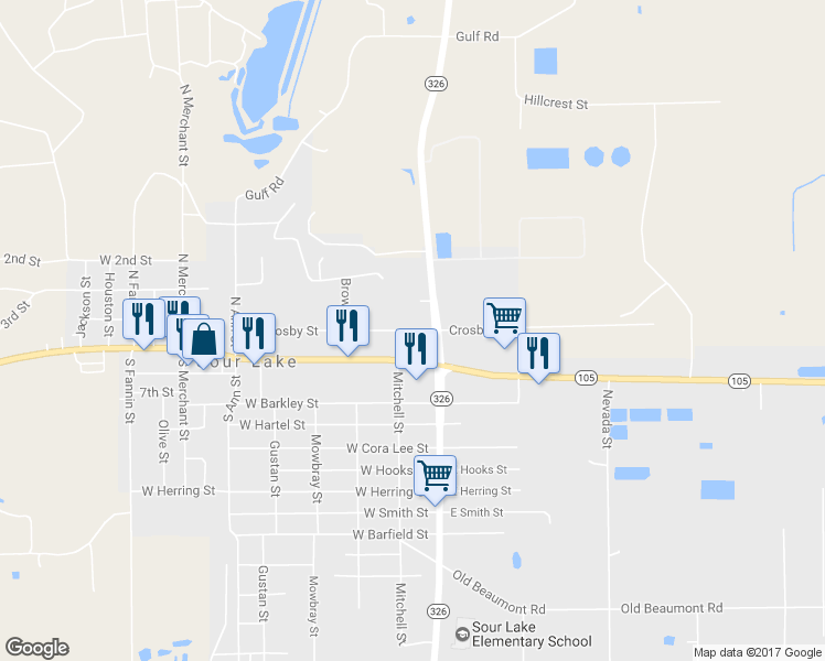map of restaurants, bars, coffee shops, grocery stores, and more near 200 Crosby Street in Sour Lake