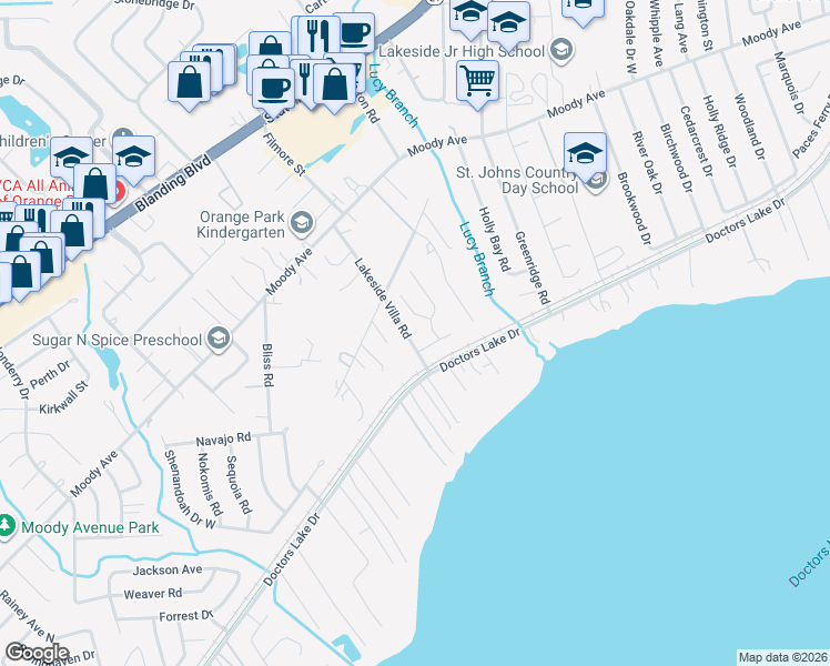 map of restaurants, bars, coffee shops, grocery stores, and more near 2411 Lorrie Drive in Orange Park