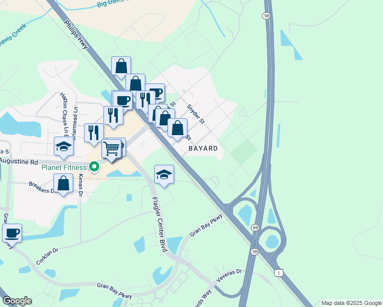 map of restaurants, bars, coffee shops, grocery stores, and more near 7430 Bayard Boulevard in Jacksonville