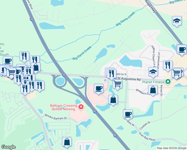 map of restaurants, bars, coffee shops, grocery stores, and more near 14402 Old Saint Augustine Road in Jacksonville