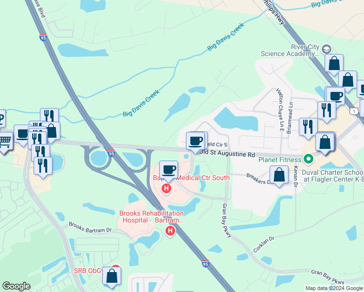 map of restaurants, bars, coffee shops, grocery stores, and more near 14326 Woodfield Circle South in Jacksonville