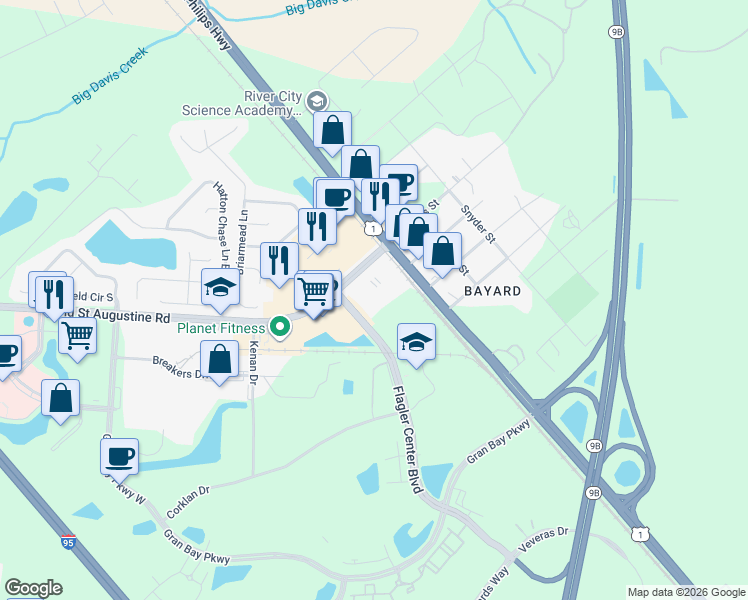 map of restaurants, bars, coffee shops, grocery stores, and more near 12585 Flagler Center Boulevard in Jacksonville