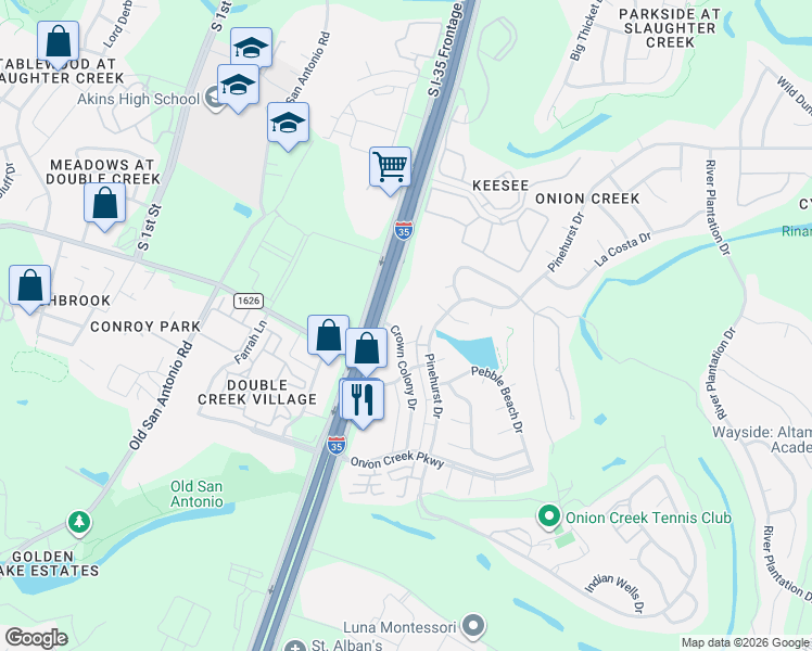 map of restaurants, bars, coffee shops, grocery stores, and more near 10819 Crown Colony Drive in Austin