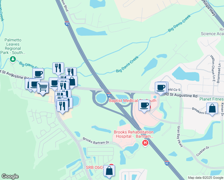 map of restaurants, bars, coffee shops, grocery stores, and more near 14701 Bartram Park Boulevard in Jacksonville