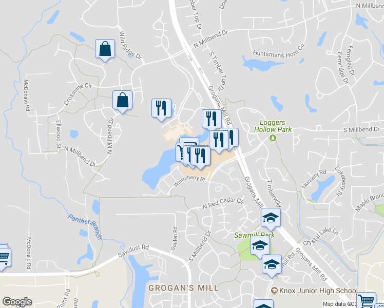 map of restaurants, bars, coffee shops, grocery stores, and more near 2230 Buckthorne Place in Spring