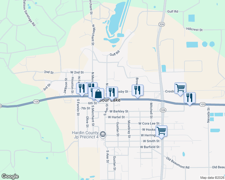 map of restaurants, bars, coffee shops, grocery stores, and more near 180 West Crosby Street in Sour Lake