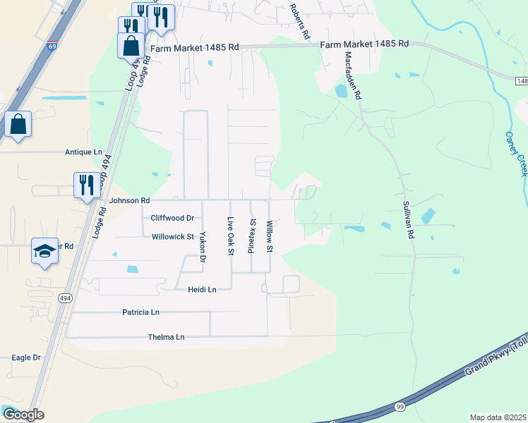 map of restaurants, bars, coffee shops, grocery stores, and more near 21016 Pinetex Street in New Caney