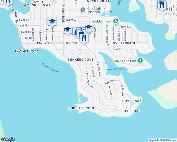 map of restaurants, bars, coffee shops, grocery stores, and more near 326 South Macarthur Avenue in Panama City