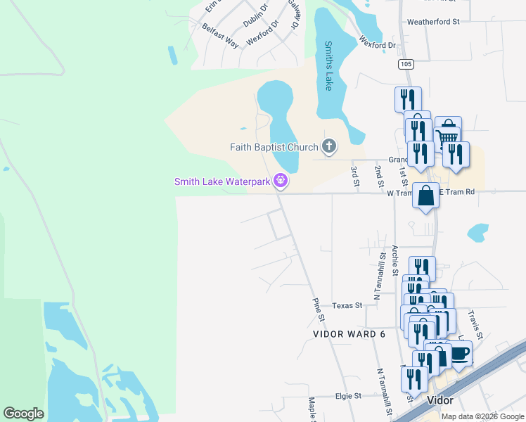 map of restaurants, bars, coffee shops, grocery stores, and more near 1265 Rainbow Lane in Vidor