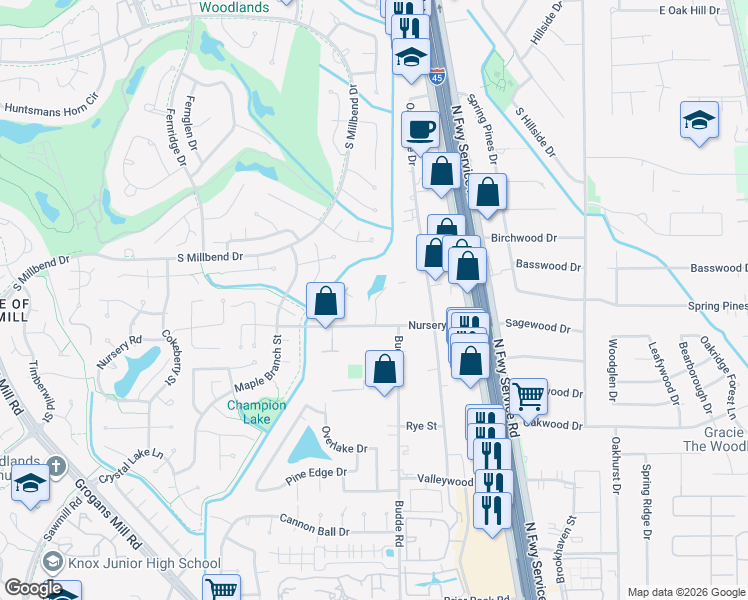 map of restaurants, bars, coffee shops, grocery stores, and more near 430 Nursery Road in Spring