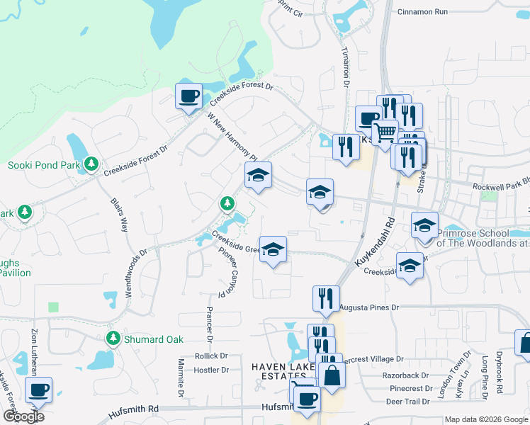 map of restaurants, bars, coffee shops, grocery stores, and more near 43 Daffodil Meadow Place in Tomball